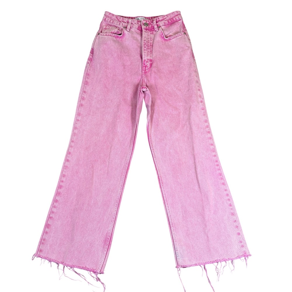 Zara Pink Acid Wash High Waisted Wide Leg Jeans Raw Hem Size 2 6147/067